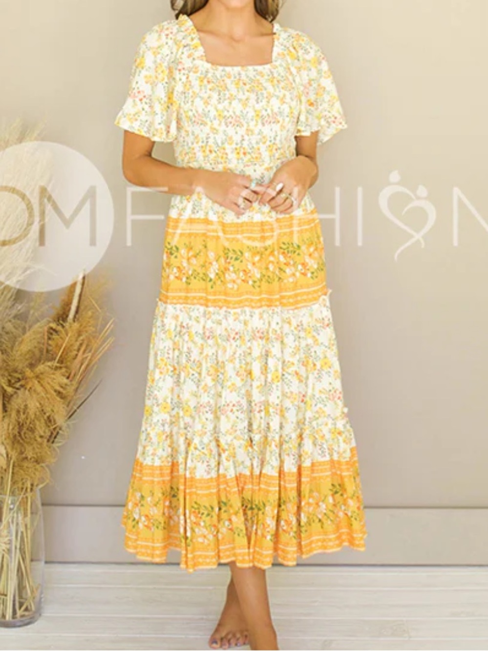 NWT DM Fashion Yellow Floral Tiered Midi Dress